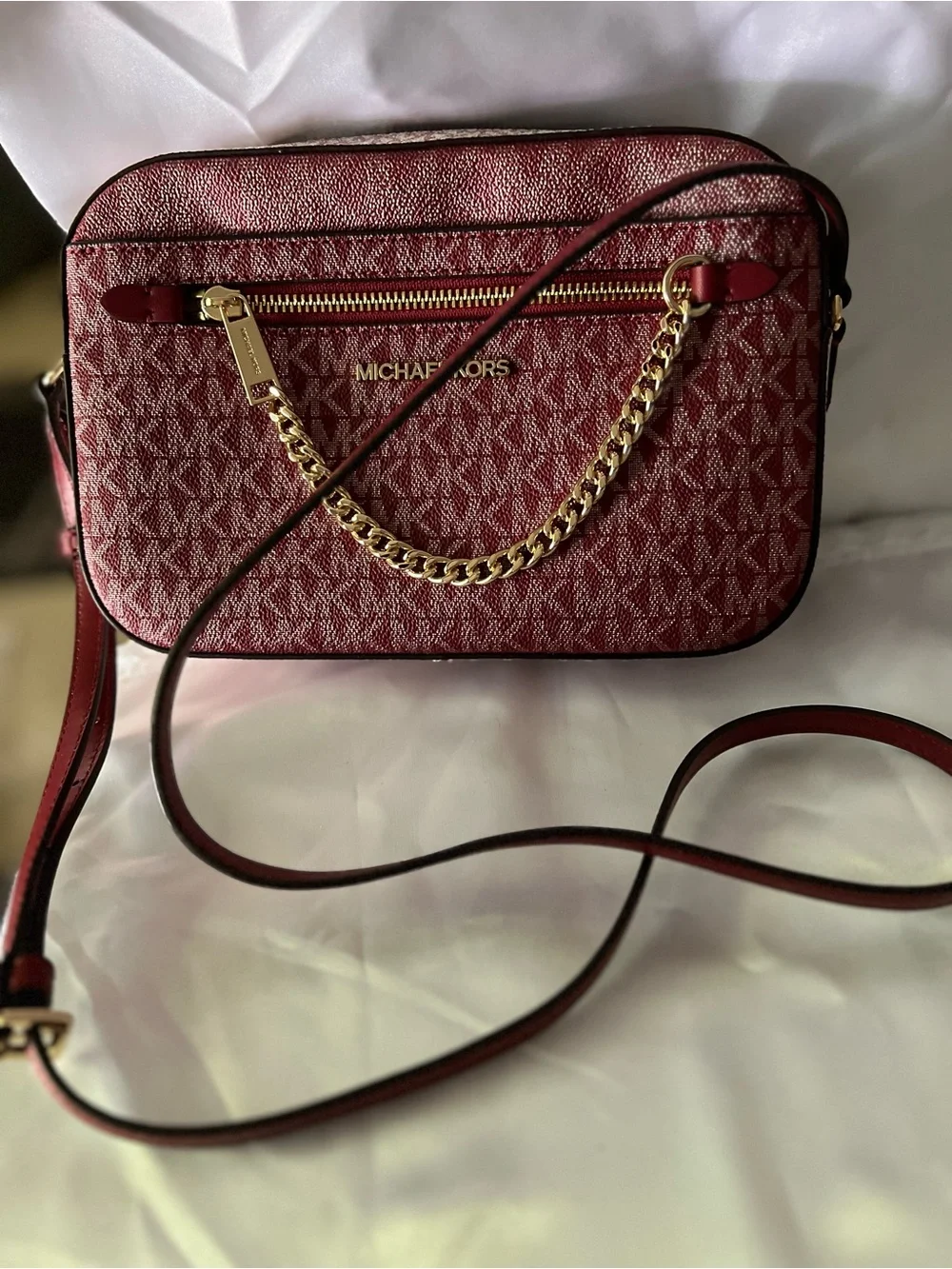 Michael Kors Red Signature Monogram Crossbody with Gold Chain